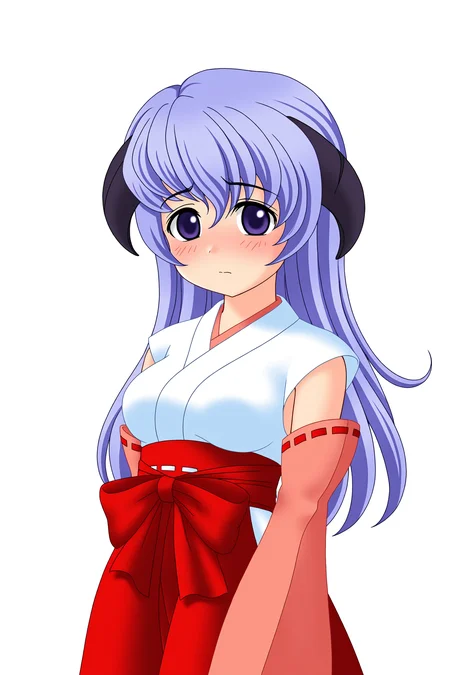 higurashiog, 1girl, hanyuu, solo, horns, medium breasts, purple eyes, purple hair, long hair, ((simple background, white background)), japanese clothes, miko, skirt, hakama, hakama skirt, red detached sleeves, red hakama, blush, looking at viewer, upper body, (atmospheric perspective), 
(masterpiece, best quality, absurdres, highres), very awa, 