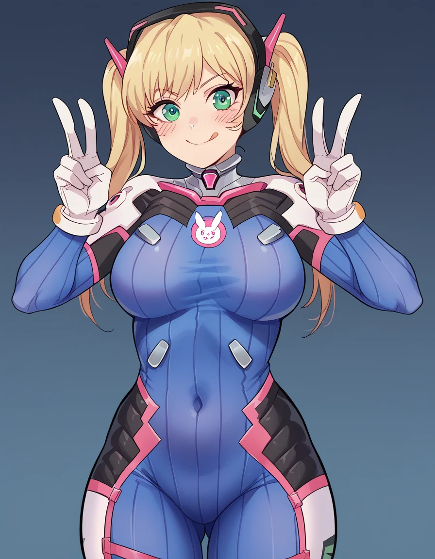 score_9, score_8_up, score_7_up, source_anime, <lora:rika-hoshizaki-s2-ponyxl-lora-nochekaiser:1>, rika hoshizaki, green eyes, blonde hair, twintails, large breasts,, <lora:overwatch-dva-cosplay-ponyxl-lora-nochekaiser:1>, overwatch dva cosplay, d.va (overwatch) (cosplay), bodysuit, cosplay, covered navel, skin tight, vertical-striped bodysuit, streets, smile, blush, v, v over eye, tongue out, cowboy shot, looking at viewer