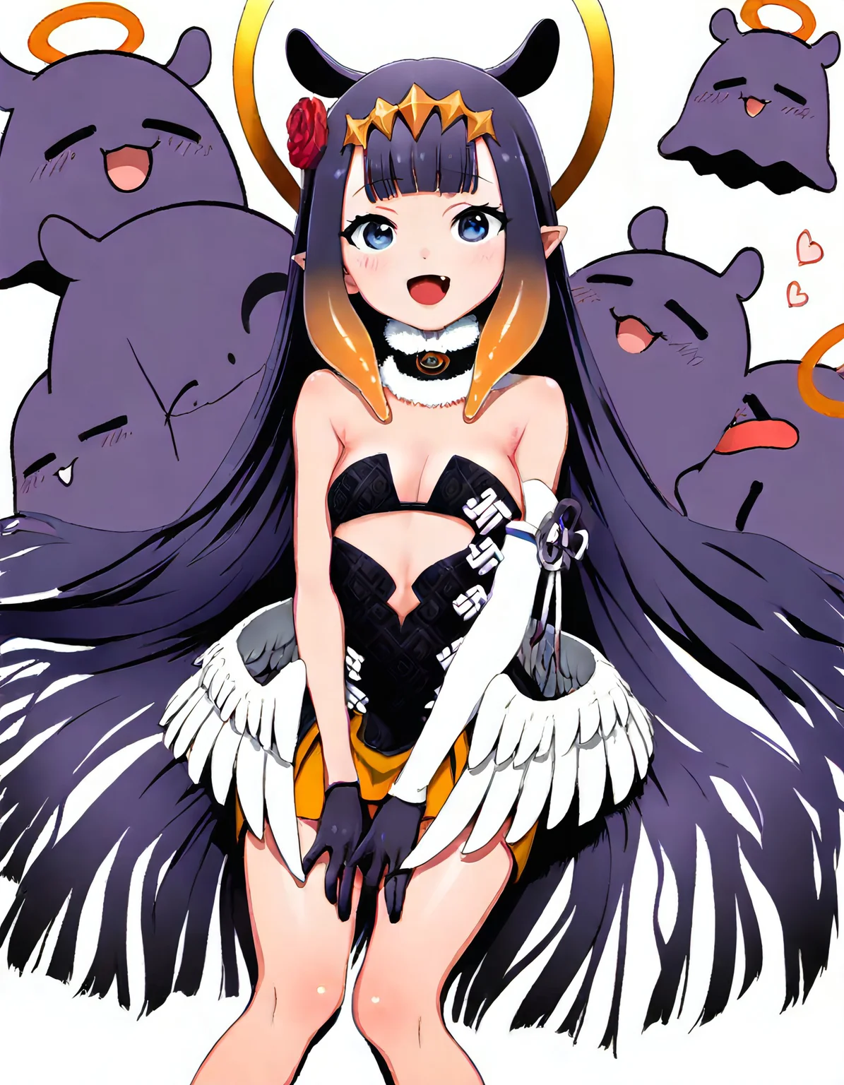 ninomae ina'nis 1girl, girl hug 1 very giant takodachi, giant takodachi, huge takodachi, heart, ina2D, pointy ears, orange hair, gradient hair, looking at viewer, blunt bangs, blue eyes, multicolored hair, open mouth, smile, fang, halo, low wings, black dress, fur trim, strapless dress, thin body,(masterpiece, best quality, very aesthetic), detailed, beautiful color, amazing quality, white background, 1girl, perfectly flat chest, tiny perky tits, alice ryuunosuke, blue eyes, blonde hair, french braid, sidelocks, red flower, hair flower, very long hair, large breasts,