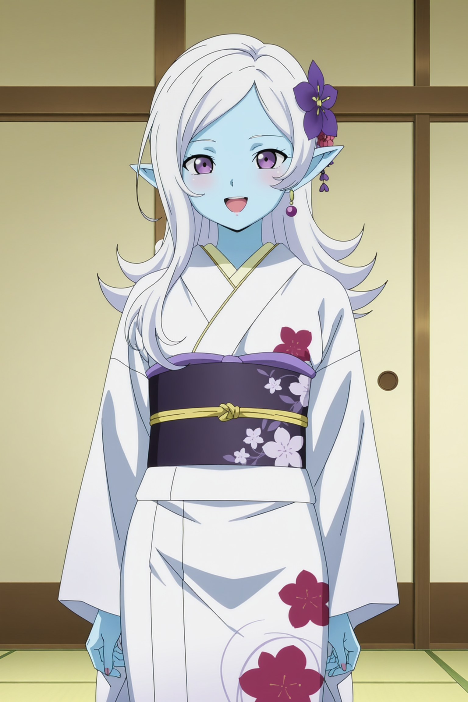 anime screencap, masterpiece, best quality, amazing quality, very aesthetic, absurdres,  newest, (scenery, volumetric lighting),
official style, 1girl, solo, long hair, looking at viewer, smile, open mouth, hair ornament, cowboy shot, purple eyes, flower, white hair, earrings, japanese clothes, pointy ears, hair flower, kimono, sash, colored skin, obi, floral print, blue skin, arms at sides
 <lora:Towa_IL:0.8>