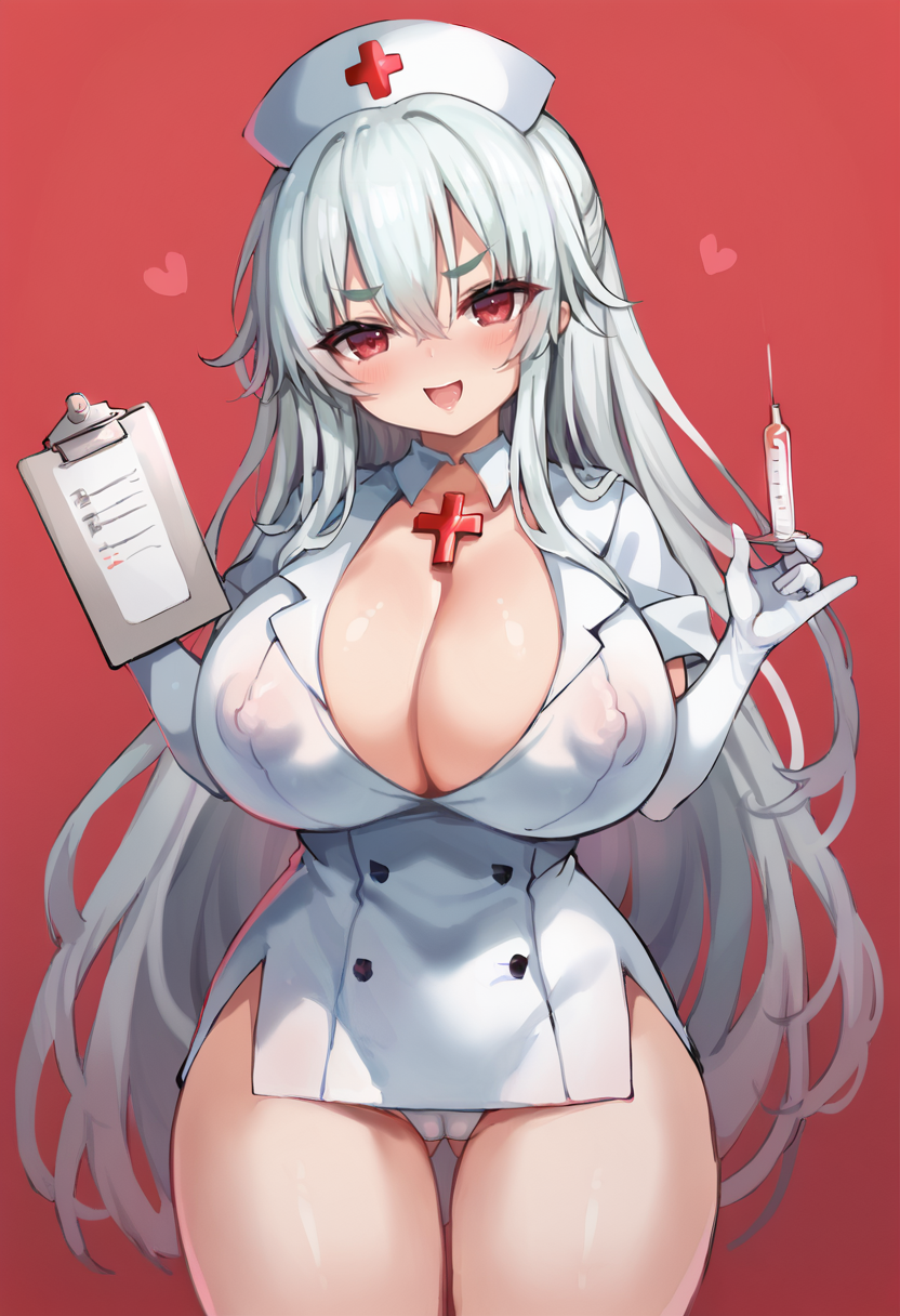 score_9, score_7_up,  1girl, 
solo, huge breasts, wide hips, thick thighs, red cross, white gloves, cameltoe, smile, curvy, nurse, hat, thighs, looking at viewer, cross, elbow gloves, v-shaped eyebrows, holding clipboard, gloves, cross print, covered nipples, red eyes, cowboy shot, blush, eyelashes, thick eyebrows, open mouth, holding, clipboard, hair between eyes, puffy nipples, red background, heart, very long hair, shiny skin, :d, hands up, cleavage, syringe, breasts, long hair, nurse cap, white hat, white wrist cuffs
 <lora:shiodome_oji-Style-PonyXL-GLoRA:1>