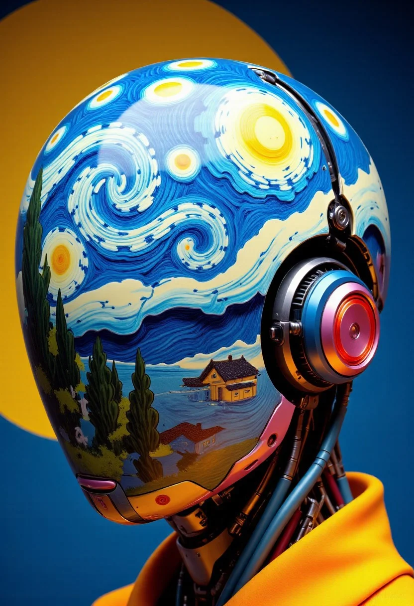A head close-up of an ajpasbot, a faceless Yakuza android, inspired by traditional irezumi tattoo art, reimagined in a surreal, chaotic dreamscape painted in the swirling brushstrokes of Van Gogh. The android's head is a porcelain-smooth dome, completely featureless, sculpted with soft, flowing curves. Its surface is covered in an impasto of thick, expressive oil paint textures—swirling spirals, turbulent strokes, and emotional waves of color.
Rather than bees and honeycombs, the surface transforms into a vast celestial storm inspired by Van Gogh’s night sky—fractured stars, swirling constellations tumbling through a sea of indigo. Golden suns burst like supernovae, and twisting vines and smoky spirals radiate outward from the center of the head, mimicking the universe in motion. The hues blend together—electric blues, violent yellows, deep ochres, and twilight purples—yet vibrantly illuminated with striking neon luminous orange highlights.
Within this cosmic tapestry, shifting shapes like windswept sunflowers, drifting koi fish, and warped temple roofs emerge and dissolve, constantly shifting as if painted by a mind on the verge of waking. Microscopic dreamlike fragments hide within the brushwork—melting eyes, curling smoke, and fading calligraphy, subtly dissolving into the void.