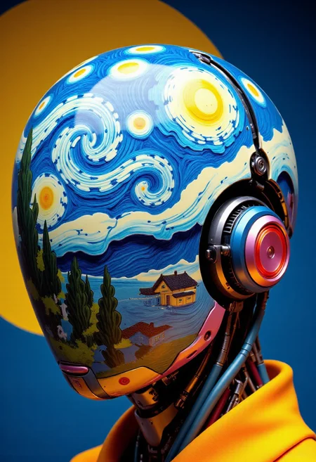 A head close-up of an ajpasbot, a faceless Yakuza android, inspired by traditional irezumi tattoo art, reimagined in a surreal, chaotic dreamscape painted in the swirling brushstrokes of Van Gogh. The android's head is a porcelain-smooth dome, completely featureless, sculpted with soft, flowing curves. Its surface is covered in an impasto of thick, expressive oil paint textures—swirling spirals, turbulent strokes, and emotional waves of color.
Rather than bees and honeycombs, the surface transforms into a vast celestial storm inspired by Van Gogh’s night sky—fractured stars, swirling constellations tumbling through a sea of indigo. Golden suns burst like supernovae, and twisting vines and smoky spirals radiate outward from the center of the head, mimicking the universe in motion. The hues blend together—electric blues, violent yellows, deep ochres, and twilight purples—yet vibrantly illuminated with striking neon luminous orange highlights.
Within this cosmic tapestry, shifting shapes like windswept sunflowers, drifting koi fish, and warped temple roofs emerge and dissolve, constantly shifting as if painted by a mind on the verge of waking. Microscopic dreamlike fragments hide within the brushwork—melting eyes, curling smoke, and fading calligraphy, subtly dissolving into the void.