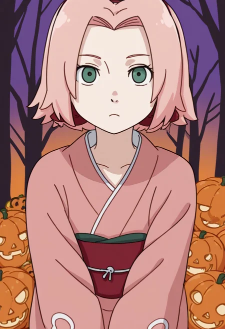 Score_9_up, score_8_up, score_7_up, source_anime, Expressiveh, perfect eyes, 1girl, solo, 1girl, haruno sakura, pink hair, short hair, green eyes, slim body,Small breasts,average height,
halloween background,pink kimono,pumpkins,dynamic lighting,