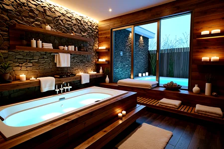 no humans,no animals,Home Spa Room, a luxurious home spa with a freestanding bathtub, soft lighting, and candles. The room features plush towels, soothing music, and a small wooden shelf for essential oils and skincare products, offering a perfect at-home spa experience.,, Masterpiece,best quality,realistic,HDR, 8K, masterpiece, best_quality, absurdres, ultra-detailed, highly_aesthetic, depth_of_field