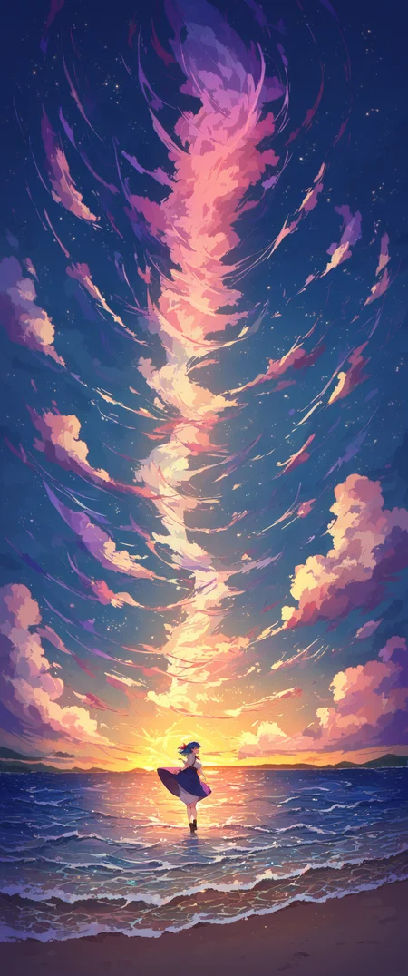 score_9, score_8_up, score_7_up, score_6_up, source anime,
a woman standing on the beach at night, scenery, starry sky, star \(sky\), sky, shore, ocean, night sky, night, beach, horizon, city lights, cloud, water, moon, crescent moon, waves, sunrise, twilight, light particles, walking on liquid, cloudy sky, sunset, 1girl,
masterpiece, best quality, very aesthetic, absurdres,
<lora:detailed_backgrounds_v2:0.8>