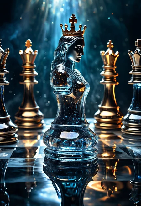 [Masterpiece. Realistic. Transparent Beings. Everything in this universe is made out of sparkling glass crystals. A chess piece made of crystals. Water explosions. Transparent or silver body parts.], detailed, romantic, very inspirational, beautiful, elegant, lovely, cute, pretty, modern, epic composition, fabulous atmosphere, cinematic light, dynamic dramatic ambient, Vibrant Colors , glowing highlights, 
ral-tr33brnch, Arttrttrt, extreme Long Shot, masterpiece, intricate detail, best quality, absurd resolution, Gothic, black stone with golden stripes, elegant, luxury, royal, expensive, 
Stylized chess pieces. Queen chess, Chess game, chess board, luxury and golden design. Photo realistic, cinematic light, concept art. ,