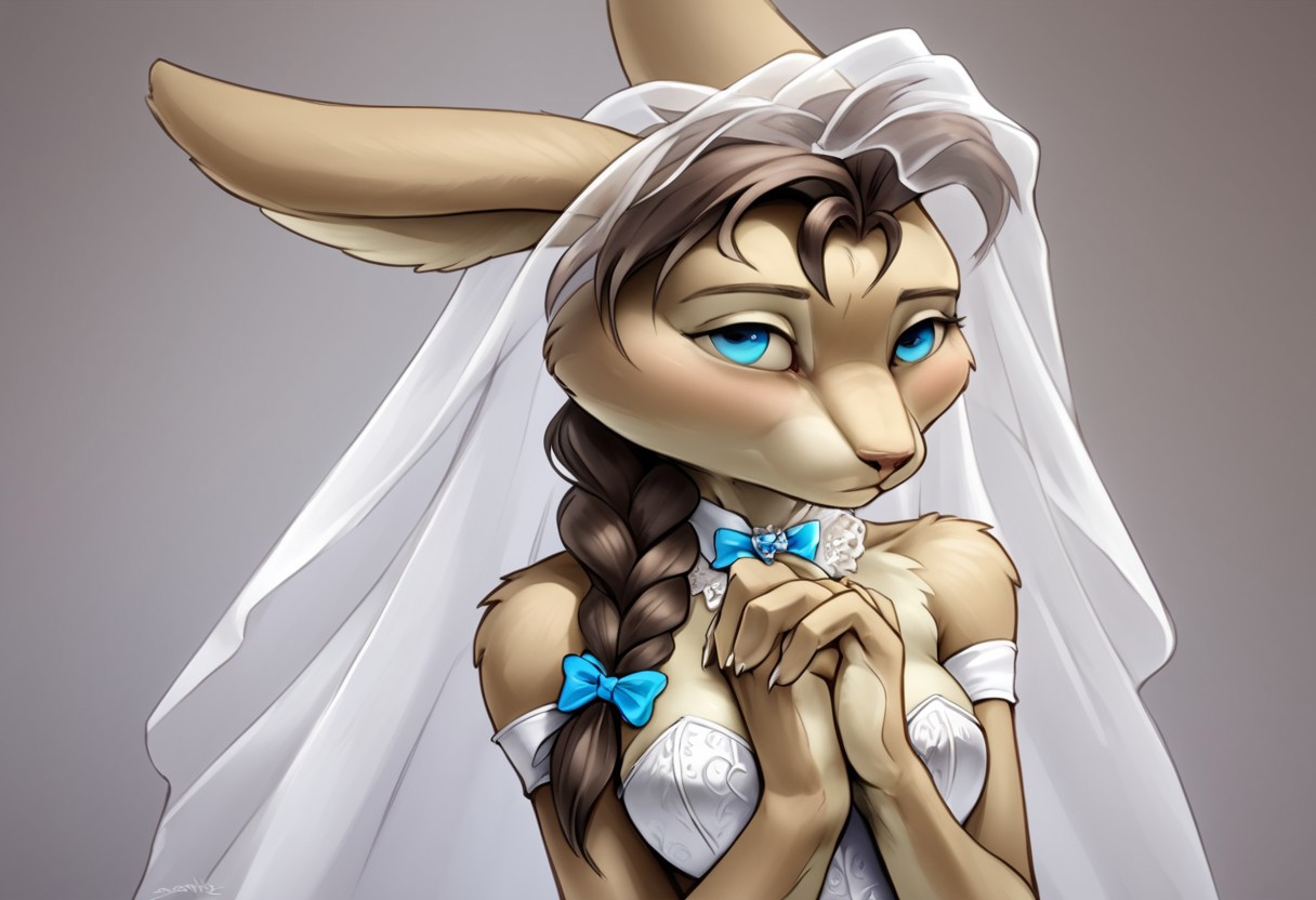 score_7_up, score_8_up, score_9, photorealistic, 3DMM, perfect face, perfect hands, high quality, source_furry, (1girl, solo), furry female, bunny girl, long bunny ears, (furry, (face more human than Bunny)), sapphire blue eyes, (dark brown hair, (Long, single braid, over shoulder)), (FUR, (short, brown,)),  light brown skin, large perky breasts, rabbit feet, rabbit tail, wedding dress(lacy, pure white, sexy,), standing, submissive pose, full view, 
BACKGROUND(Catholic Church, human Priest, Wedding Ceremony, full congregation from the back, congregation lookin towards furry female,),