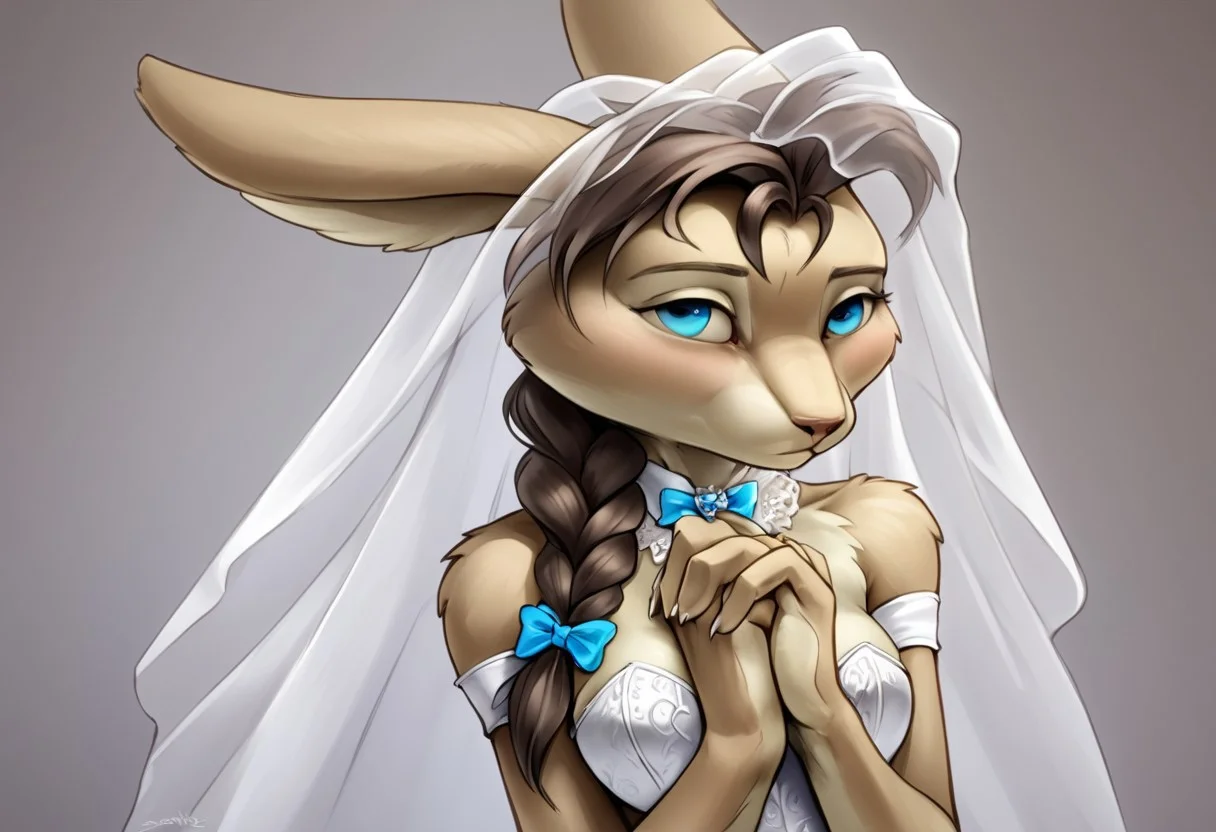 score_7_up, score_8_up, score_9, photorealistic, 3DMM, perfect face, perfect hands, high quality, source_furry, (1girl, solo), furry female, bunny girl, long bunny ears, (furry, (face more human than Bunny)), sapphire blue eyes, (dark brown hair, (Long, single braid, over shoulder)), (FUR, (short, brown,)), light brown skin, large perky breasts, rabbit feet, rabbit tail, wedding dress(lacy, pure white, sexy,), standing, submissive pose, full view,
BACKGROUND(Catholic Church, human Priest, Wedding Ceremony, full congregation from the back, congregation lookin towards furry female,),