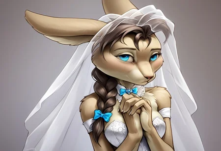 score_7_up, score_8_up, score_9, photorealistic, 3DMM, perfect face, perfect hands, high quality, source_furry, (1girl, solo), furry female, bunny girl, long bunny ears, (furry, (face more human than Bunny)), sapphire blue eyes, (dark brown hair, (Long, single braid, over shoulder)), (FUR, (short, brown,)),  light brown skin, large perky breasts, rabbit feet, rabbit tail, wedding dress(lacy, pure white, sexy,), standing, submissive pose, full view, 
BACKGROUND(Catholic Church, human Priest, Wedding Ceremony, full congregation from the back, congregation lookin towards furry female,),