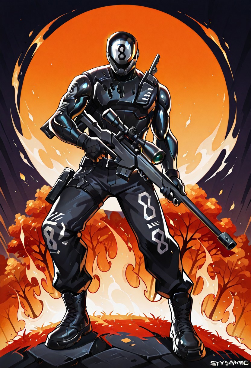 <lora:8ball:1.0>, 8ball, Fortnite, male, (black body, black skin, black gloves), (((Mask with number 8 written on it, written eight))), (5 fingers), fully clothed, (((all character black body))),
solo, looking at viewer, autumn season background, (((fierce expression,holding sniper rifle))), dynamic pose, vibrant colors, detailed illustration, digital art style, action-packed, sci-fi aesthetic, cyberpunk influence, bold contrasts, energetic composition,abstract background, dynamic_pose,synamic composition,vibrant colors,flames