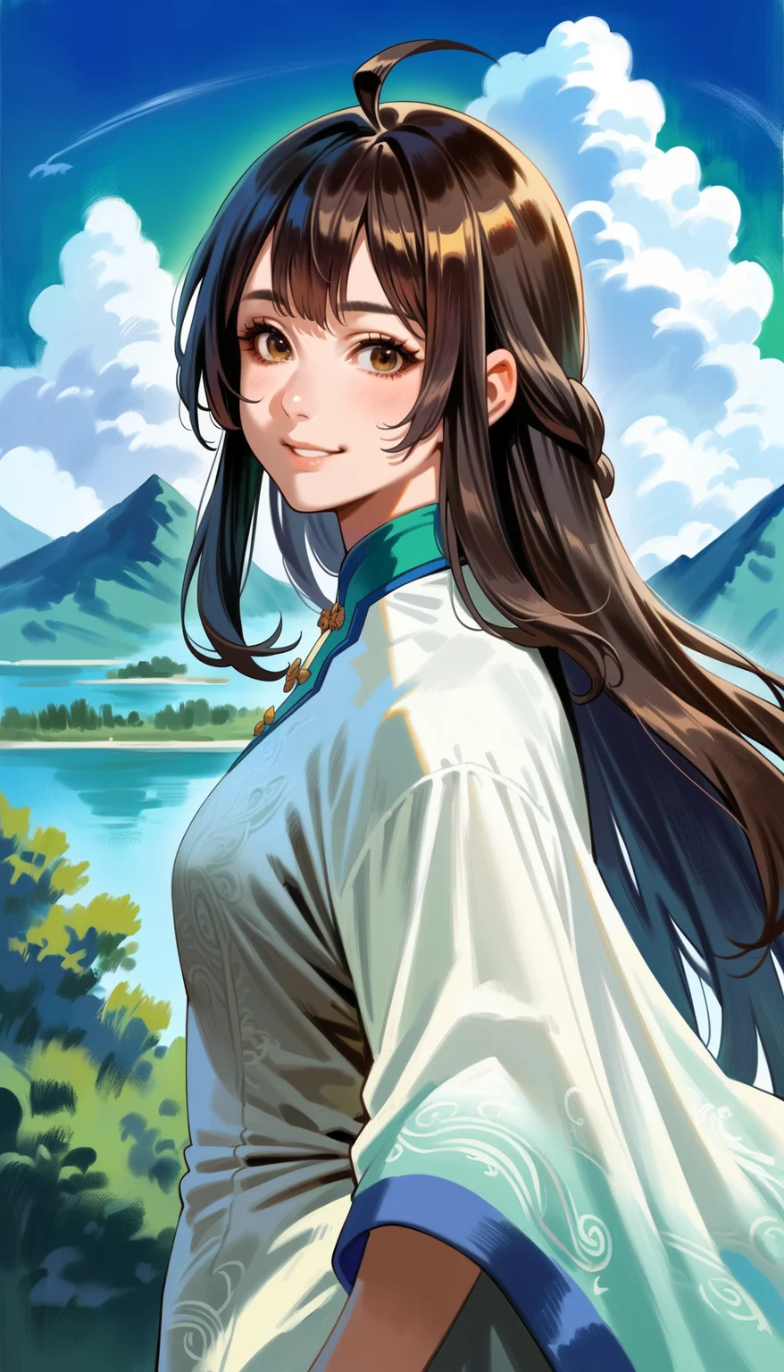 score_9,score_8_up,score_7_up,<lora:xinxianying>,xinxianying,1girl,solo,long black hair,bangs,ahoge,brown eyes,looking at viewer,smile,informal costume,upper body,outdoors,blue sky,cloud,mountain,