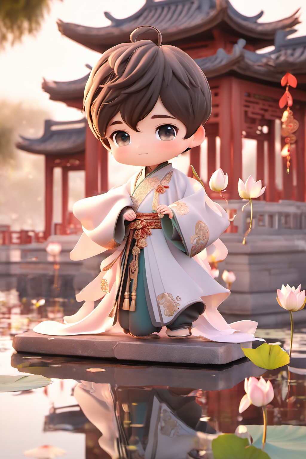 1 boy, solo, chibi, Chinese clothes, lotus, lake, chinese architecture,  <lora:mengwa:1>