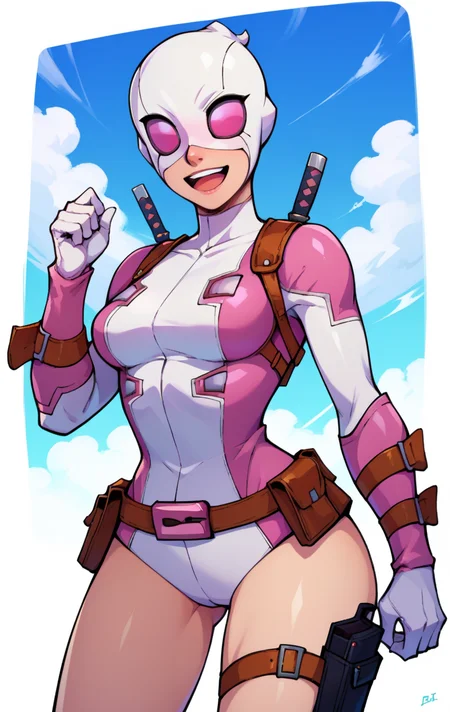 score_9, score_8_up, score_7_up, BREAK <lora:GwenpoolSDXL:0.8> GwenpoolSDXL, 1girl, solo, breasts, smile, open mouth, simple background, gloves, medium breasts, belt, white gloves, bodysuit, mask,  sheath, sheathed, holster, white bodysuit, superhero, cowboy shot, sky, leotard,