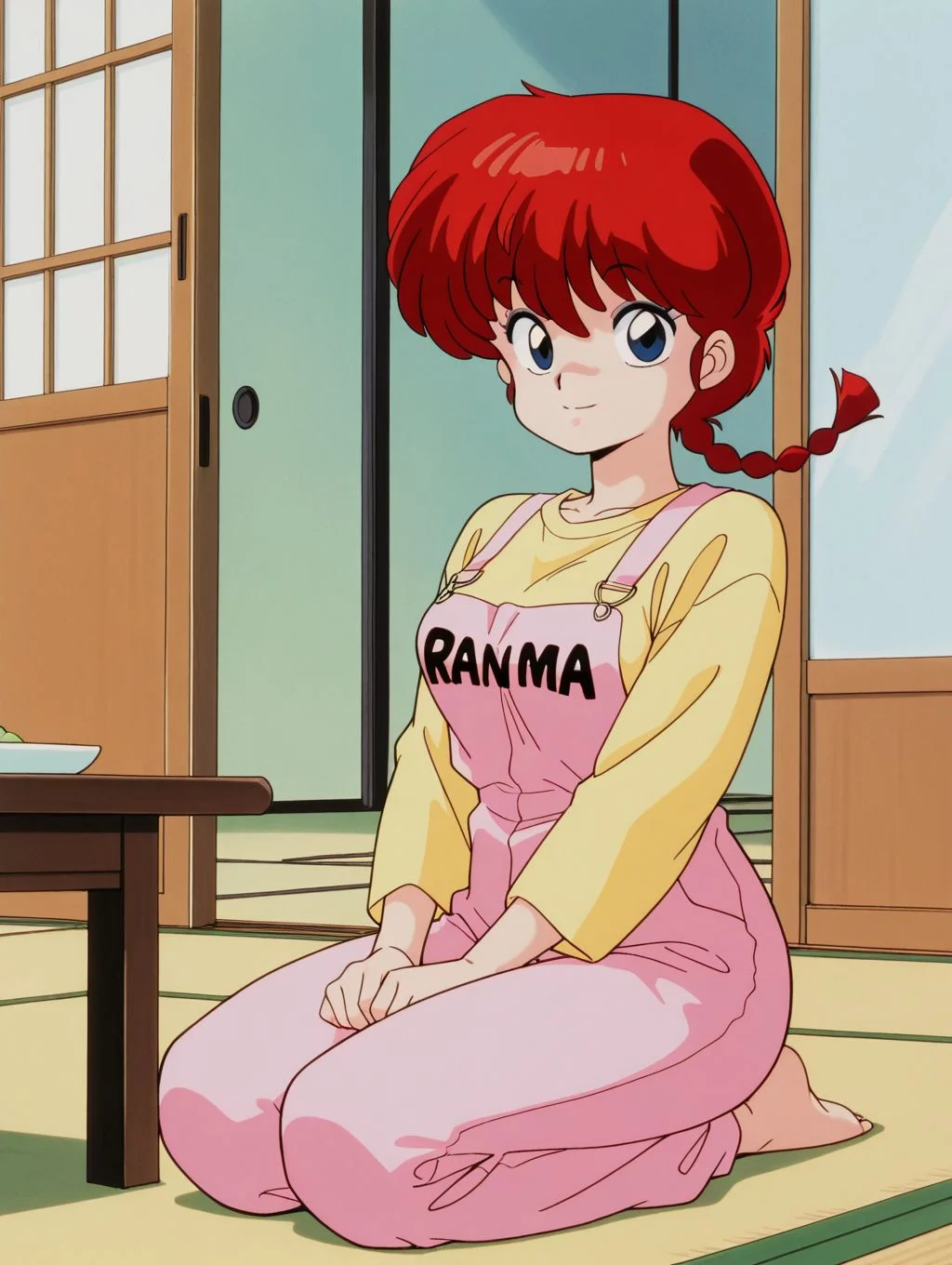 masterpiece, best quality, newest, absurdres, highres, detailed eyes, beautiful, detailed background, perfect eyes, anime coloring, retro artstyle, 1990s \(style\), 1girl, solo, ranma-chan, red hair, long hair, single braid, blue eyes, medium breasts, yellow t-shirt, long sleeves, pink overalls, clothes writing, text on clothes "CHINA", barefeet, looking at viewer, smile, sitting, seiza, (indoors, living room, tatami floor, table, sliding door, veranda), <lora:r4nm4_c_rnm-08:0.8>