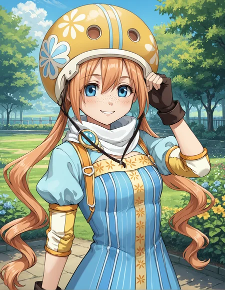score_9, score_8_up, source_anime, 1girl, upper body, medium shot, detailed, mgrcyukarimiyuri, myrmgc, orange hair, low twintails, freckles, blue eyes, yellow helmet, white scarf, blue neck gem, blue dress, short blue juliet sleeves, yellow elbow pads, black fingerless gloves, hand in hair, smiling, outdoors, garden, dynamic pose, wind, <lora:mgrcyukarimiyuri_XL:0.9>