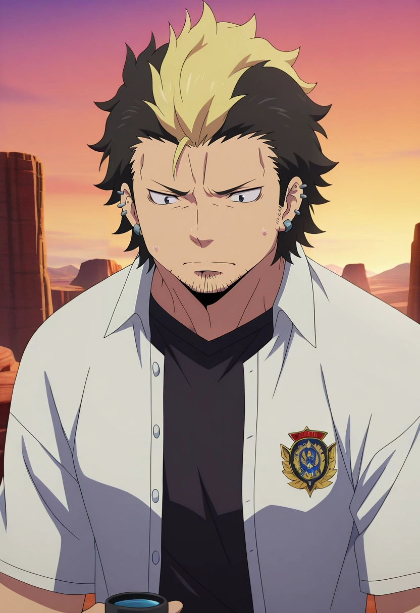 masterpiece, best quality, intricate details, anime screencap, anime coloring, , , , 1boy, solo, male focus, <lora:ryuuji_suguro_ilxl:1>, ryuuji_suguro, black hair, black eyes, short hair, streaked hair, multicolored hair, two-tone hair, blonde hair, facial hair, stubble, ear piercing, upper body, grand canyon, dawn, holding object, nervous,