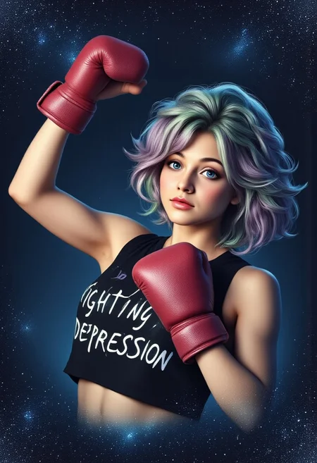 aidmaTextImprover, greeting card style captures BCA essence, hyper detailed realistic cartoon beautiful woman looking at the viewer. sad expression. her arm is up in a victory pump with a clinched boxing glove fist. hair is multi colored. exact text focus [[[Fighting Depression]]] , bokeh background dark blue, black glitter pastel watercolor, in the style of Gorjuss, Joan Walsh Anglund,soft-focus and diffused lighting akin to Paolo Roversi, imbued with Tim Burton's macabre touch, Kris Kuksi-like intricate background detail, digital painting, ultra-detailed, cinematic.Perfect hand.