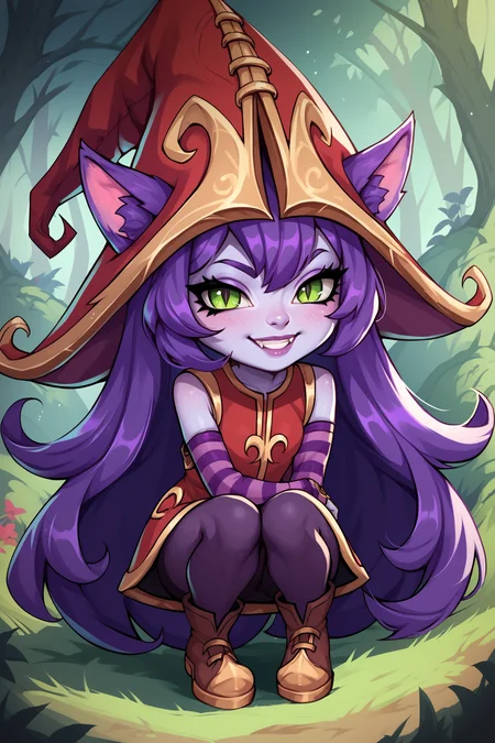 score_9, score_8_up, score_7_up, score_6_up, score_5_up, score_4_up, LuluLoLXL, shortstack, yordle, green eyes, purple hair, very long hair, sidelocks, bangs, animal ears, purple skin, colored skin, witch hat, ears through headwear, red dress, purple striped sleeves, purple pantyhose, boots, squatting, seductive smile, looking at viewer, forest, tree <lora:LuluLoLXL:0.7>