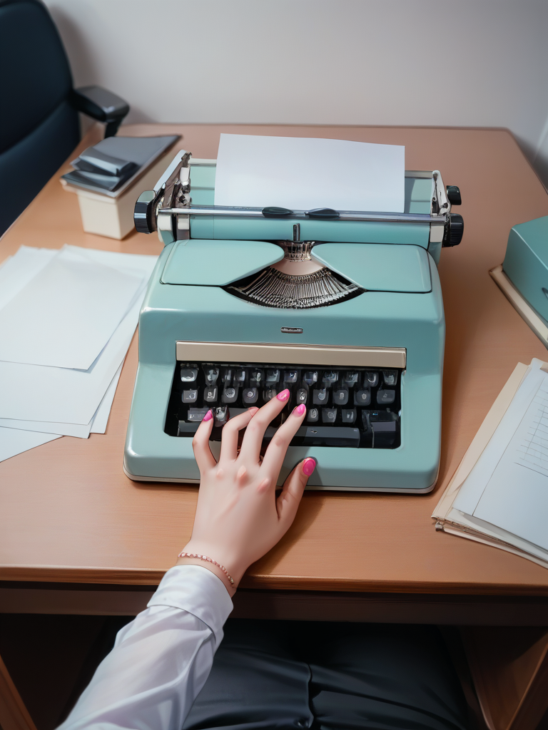 score_9, score_8_up, score_7_up, source_anime, BREAK

Female POV, Desk, Office, Typewriter, Typing, Pink Nail Polish