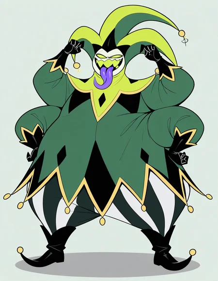 masterpiece, best quality, detailed, dynamic, expressive, solo, mammon, helluva boss, 1boy, male, plump, fat, obese, green theme, greenish white skin, greenish white body, monster, green headwear, jester hat, green eyes, green teeth, empty eyes, no pupils, 4 arms, multiple limbs, two sets of arms, 