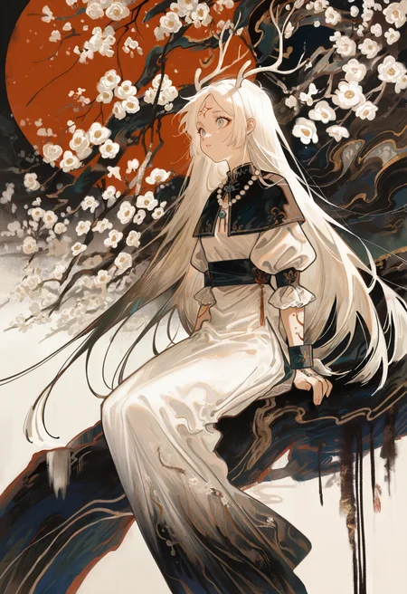 1girl, solo, chinese clothes, puffy sleeves, wrist cuffs, detached sleeves, white hair, necklace, antlers, sitting, forehead mark, capelet, white dress, long dress,
white flower, looking afar, blurry foreground, branch,
masterpiece, best quality, amazing quality, absurdres, newest,
<lora:tsubonari:1>