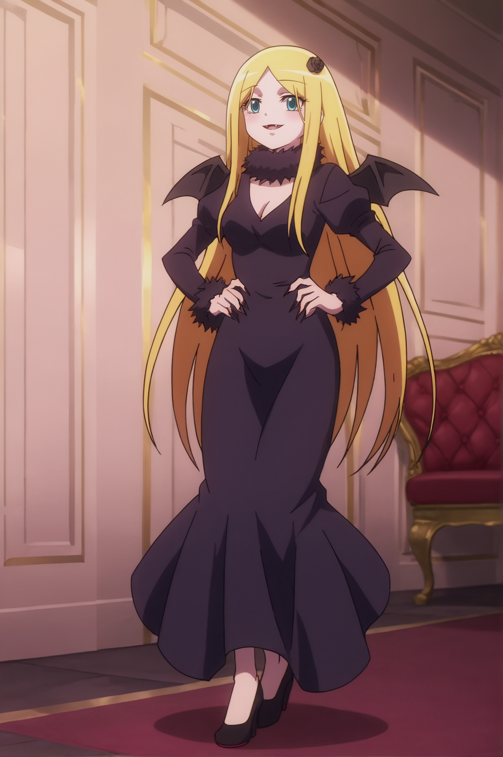score_9, score_8_up, score_7_up,anime_source, source_anime, best background, detailed background, anime screencap,  Dark Renner, fur collar, fur trim, fangs, cleavage, black dress, long sleeves, solo, bat wings, high heels, indoors, corridor, hands on hips, <lora:JN_Dark_Princess_Renner:0.8>
