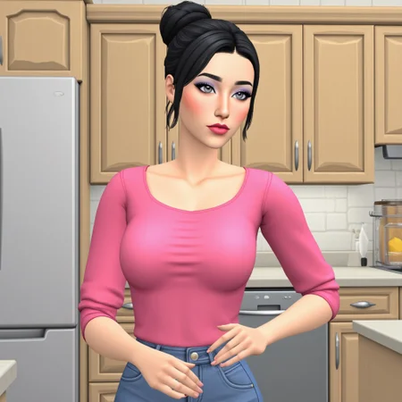illustration,cartoon,portrait,indoors,kitchen,posing,1woman,black hair,bun hairstyle,gray eyes,pink top,jeans