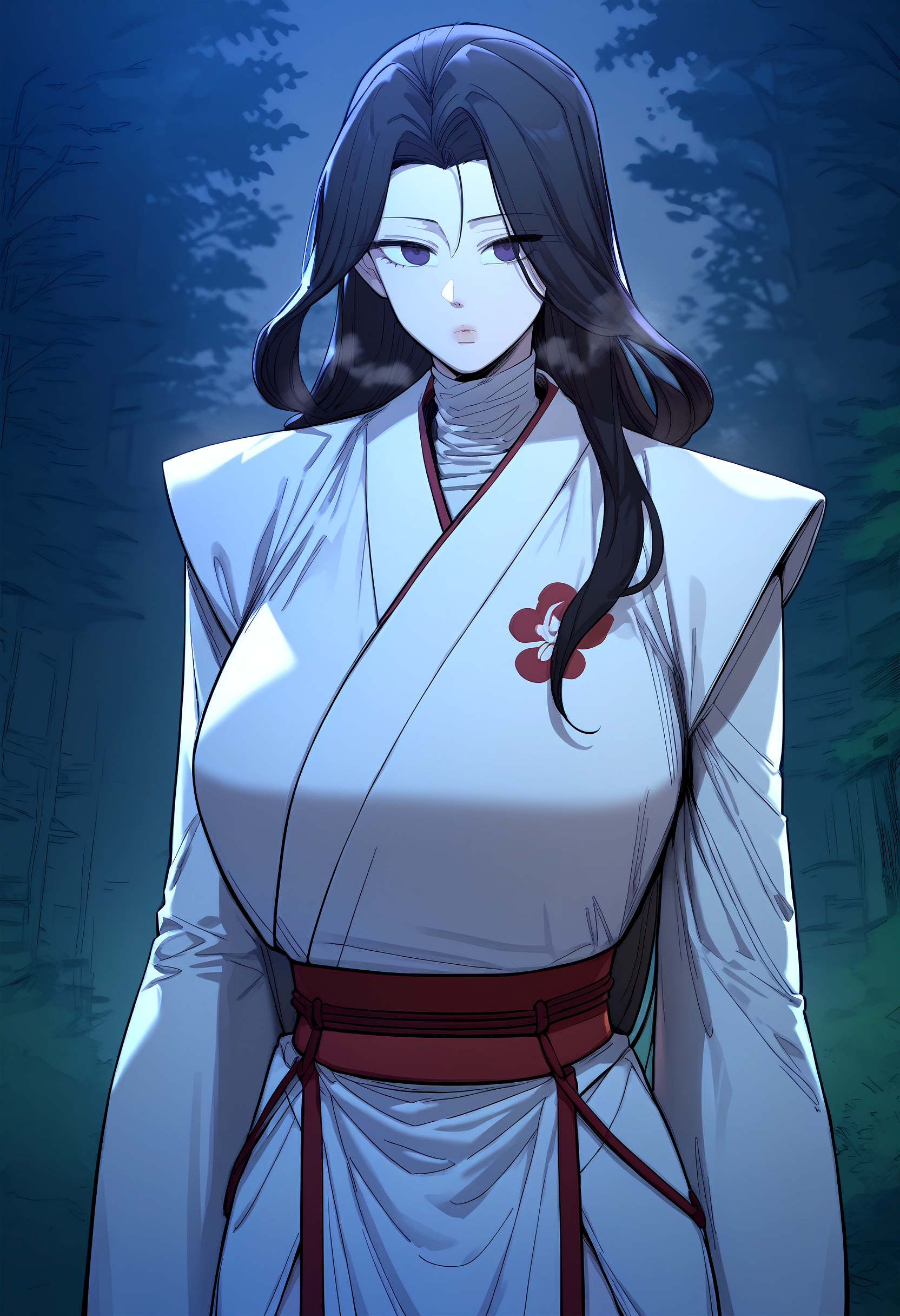 score_9, score_8_up, score_7_up, score_6_up, source_anime, rating_explicit, <lora:neg4all_bdsqlsz_V3.5:2.0>1girl, (solo:1.1), huge breasts, <lora:YuiSeolponyxl:1> long hair, black hair, purple eyes, japanese clothes, white kimono, turtleneck, long sleeves, long skirt, expressionless, Narrow shoulders, heavy breathing, steaming body, night, forest, outdoors, looking at viewer