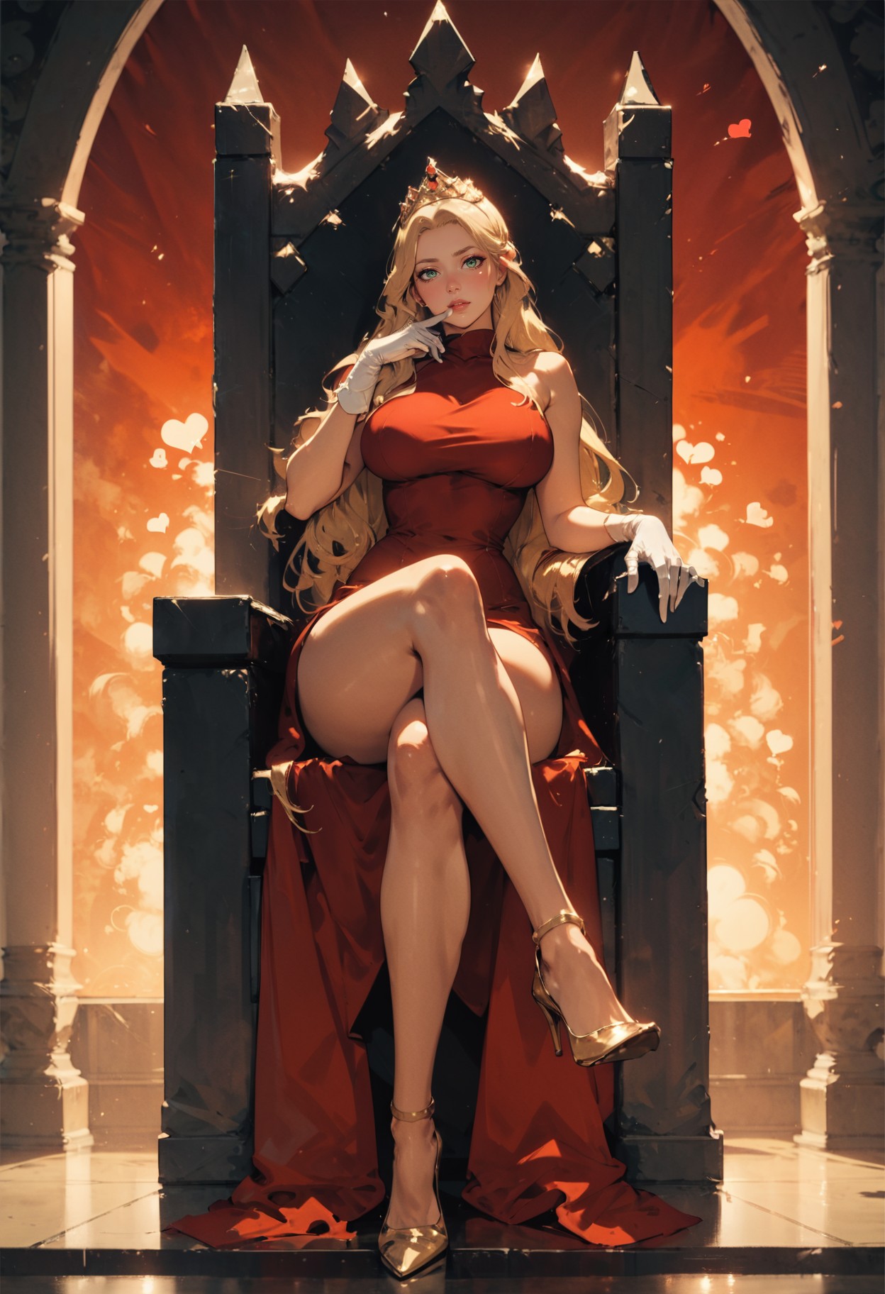 score_9, score_8_up, 1girl, queen, sitting on throne, throne room, royal red dress, white gloves, legs crossed, solo, long hair, blonde hair, mid parted hair, heart, legs, legs apart, thighs, curvy, high heels, golden tiara, solo, hand to mouth  <lora:sdxl\Anime Summer Days Style SDXL_LoRA_Pony Diffusion V6 XL:0.8>