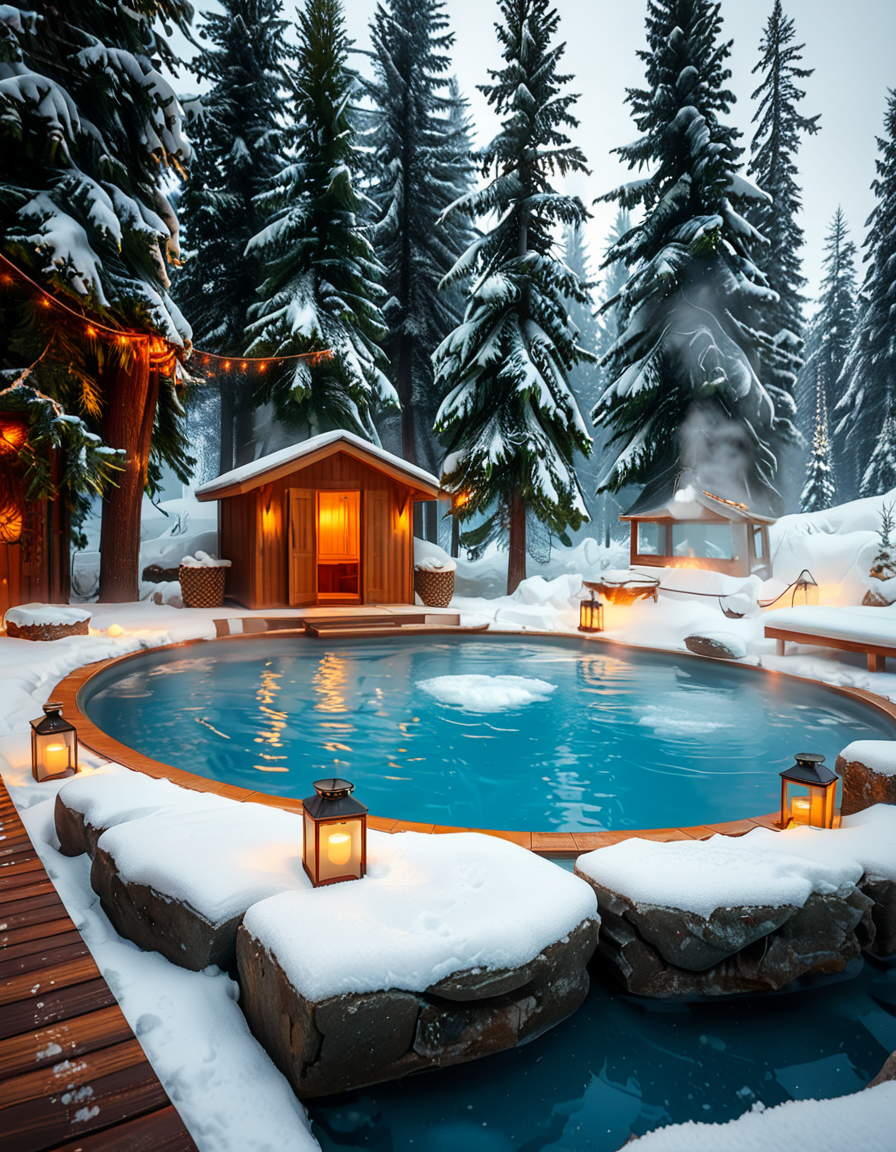 A breathtaking Nordic spa in the heart of a snowy forest, surrounded by tall evergreen trees. The scene captures a steaming outdoor hot pool with crystal-clear water, reflecting the soft glow of ambient lighting. A rustic wooden cabin with a snow-covered roof stands nearby, serving as a relaxation area. Wooden lounge chairs with neatly folded white towels are placed around the pool. A stone pathway, lightly dusted with snow, leads to the water, illuminated by warm, soft lanterns. A few people are seen enjoying the spa, some wrapped in cozy robes while others relax in the steaming water. The atmosphere is serene and tranquil, with mist rising from the hot pool, contrasting with the cold winter air. The lighting is warm and inviting, creating a perfect balance between natural beauty and luxurious comfort.
<lora:SDXLFaeTastic2400:0.4> <lora:extremely_detailed:0.4> extremely detailed, <lora:Nordic_sp4:1>,Nordic sp4, Masterpiece,best quality,hi res,8k,hi res,8k,award winning,(sharp focus, intricate, highly detailed),