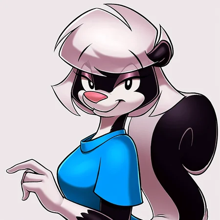 score_9, score_8_up, score_7_up, score_6_up, score_5_up, score_4_up, (Source furry), (rating safe), <lora:SabrinaSkunk:1>, sabrina skunk, simple backlground, white background, looking at viewer, black eyes, skunk tail, skunk girl, furry female, blue shirt, bottomless, smile, white hair, short hair, two tone fur, 1girl, solo, medium breasts,
