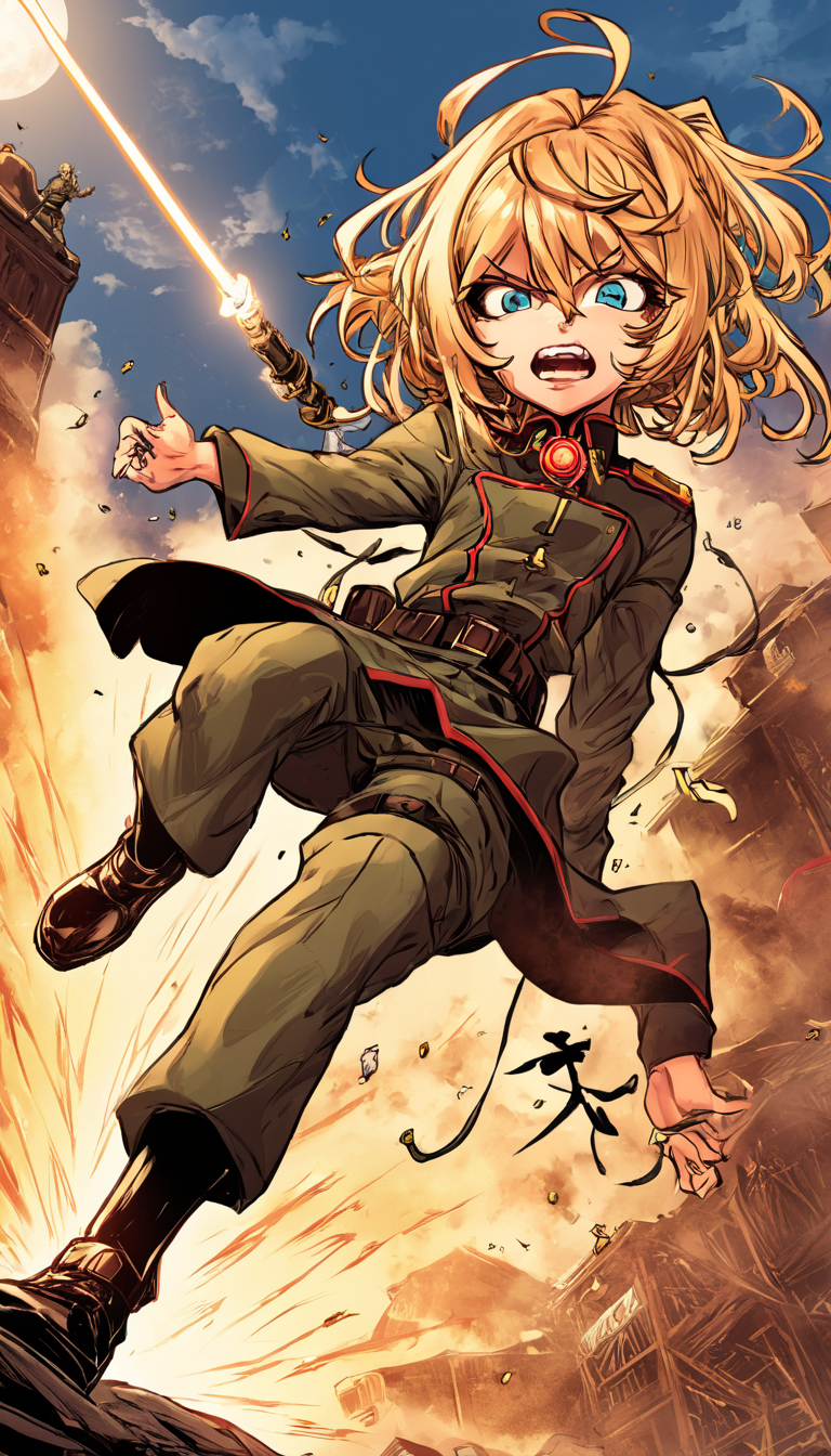 comic Cinematic scene, hero view, Tanya Degurechaff, Youjo Senki <lora:tanya_degurechaff_xl_v5:1>, action pose, masterpiece, best quality, high quality, highres, absurdres  . graphic illustration, comic art, graphic novel art, vibrant, highly detailed