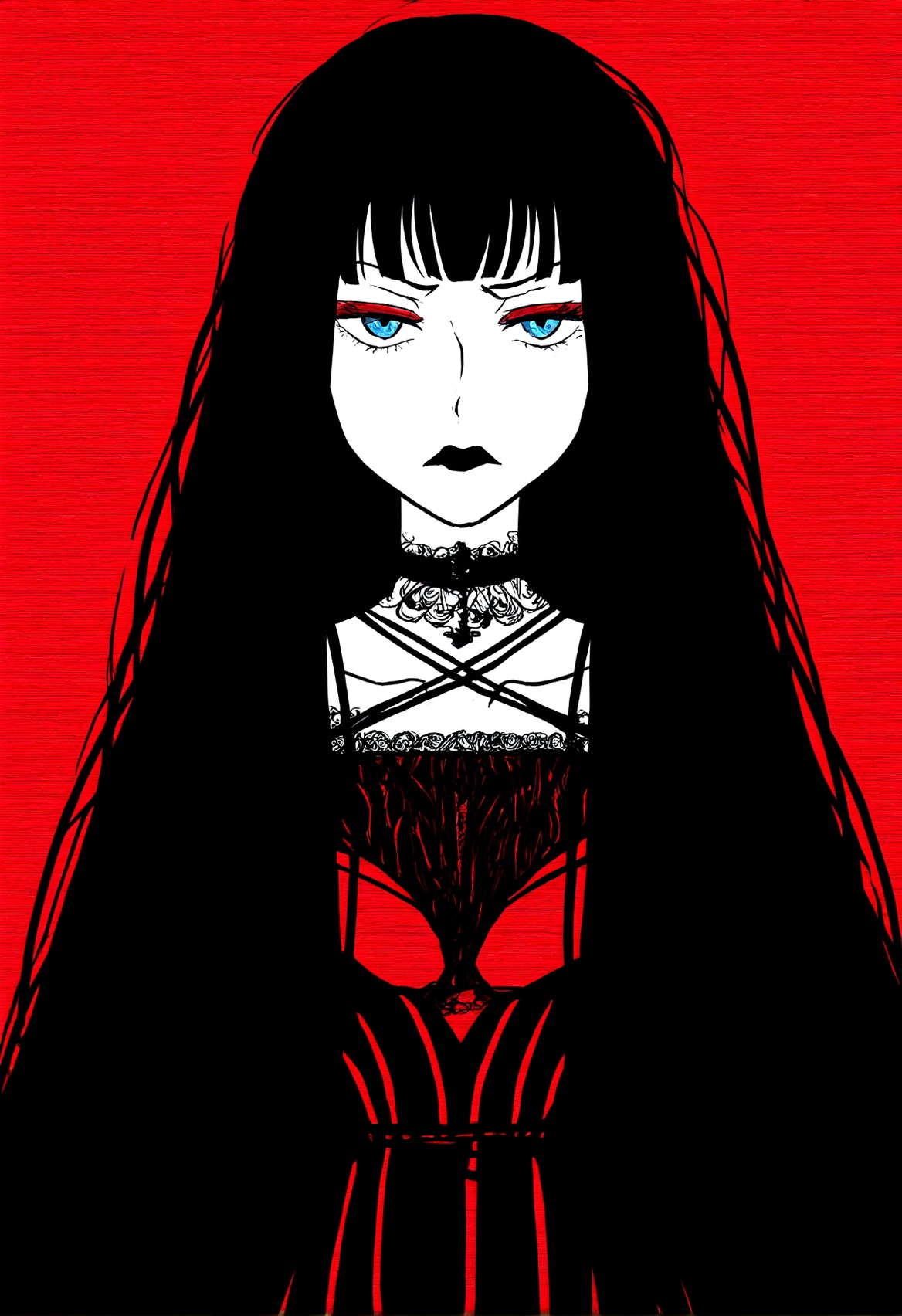 high quality, newest, hires, reduced color pallete, limited palette, 1girl, solo, goth, black lipstick, kimi ni todoke, annoyed, dita lie