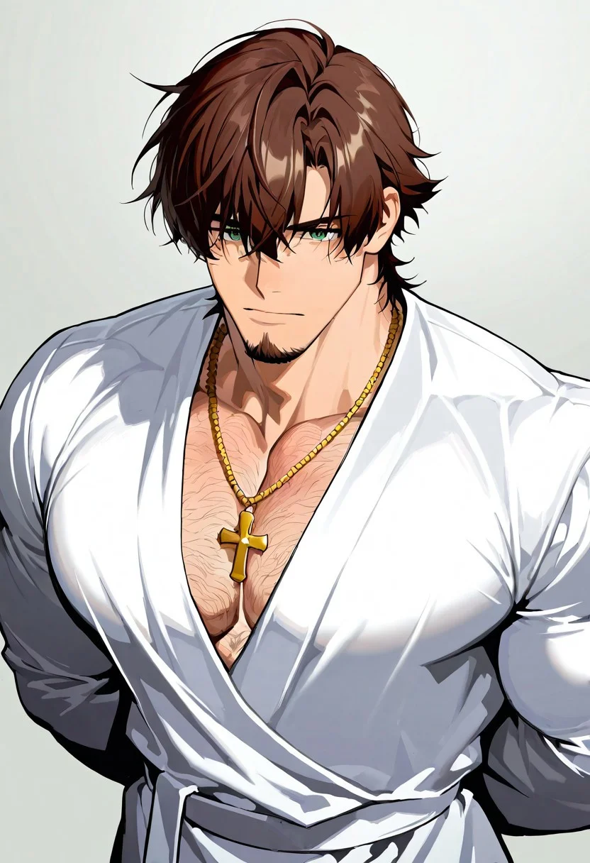 score_9,score_8_up,score_7_up, score_9, score_8_up, Intricate Details, Masterpiece, Best Quality, 1man, mature, bara, solo, male focus, correct anatomy, perfect hands, stylized seinen anime style, lots of details, shaded, detailed shading, detailed skin, counter shading, handsome, hyper-muscular, brown hair, professional styled hair, business cut, green eyes, goatee and 5 'oclock shadow, gold necklace with a cross, hands behind back, dressed as a priest, priest robe, front of the priest robe is slightly open, hairy body:2