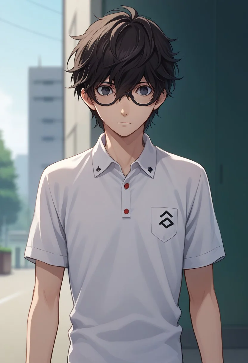score_9, score_7_up, source_anime
1boy, 1boy, male focus, solo, black eyes, black hair, hair between eyes, glasses, short hair school uniform, shirt, white shirt, polo shirt, short sleeves,
outdoor,