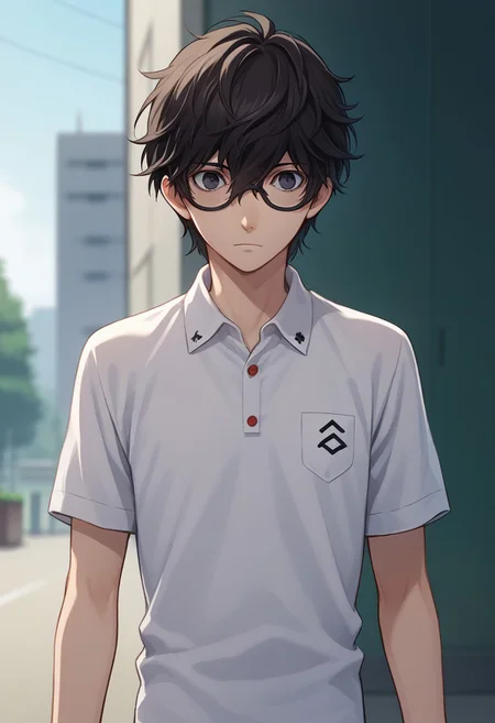 score_9, score_7_up, source_anime
1boy, 1boy, male focus, solo, black eyes, black hair, hair between eyes, glasses, short hair school uniform, shirt, white shirt, polo shirt, short sleeves,
outdoor,