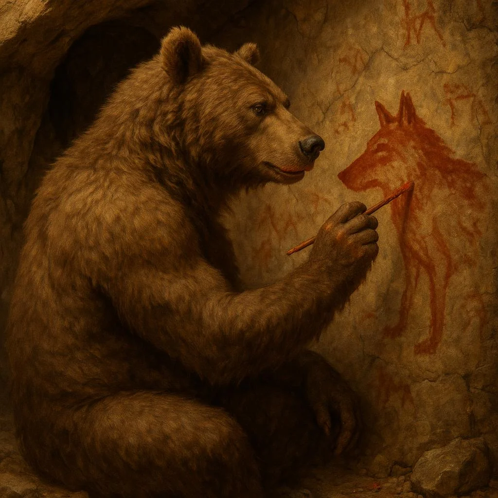 A photorealistic image of a prehistoric anthro grizzly bear in a cave, where he's painting a picture of a wolf on the cave wall using red ochre paint.