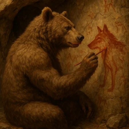 A photorealistic image of a prehistoric anthro grizzly bear in a cave, where he's painting a picture of a wolf on the cave wall using red ochre paint.