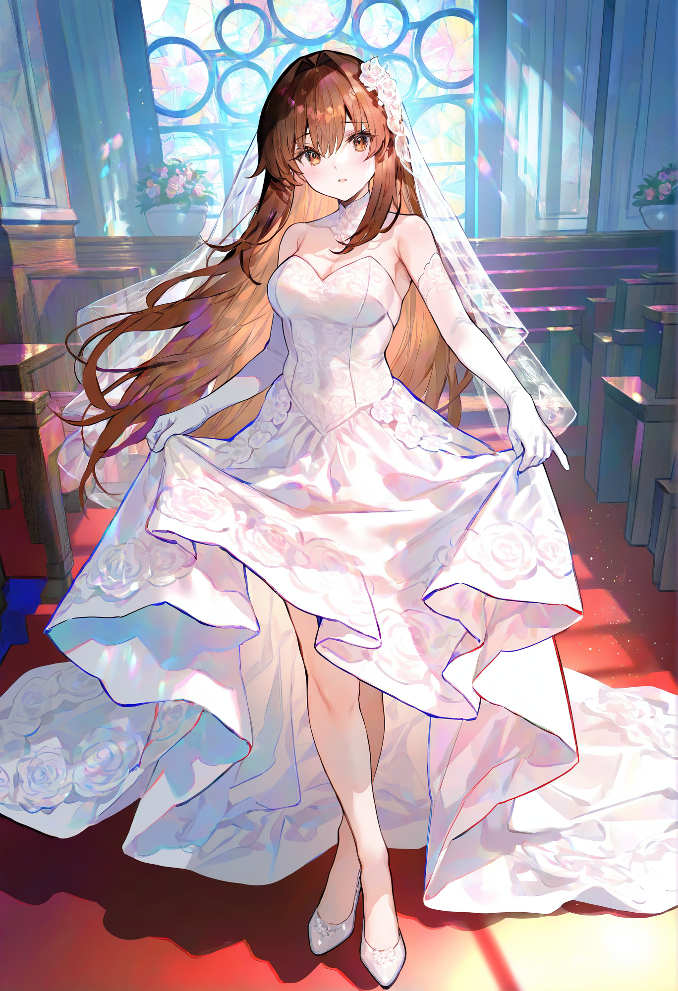 artist:fuzichoco.fate/stay night,fate (series),
1girl,solo,long hair,looking at viewer,brown hair,long hair,brown eyes,blush,standing,very awa,masterpiece,best quality,year 2024,newest,highres,absurdres,(wedding dress),