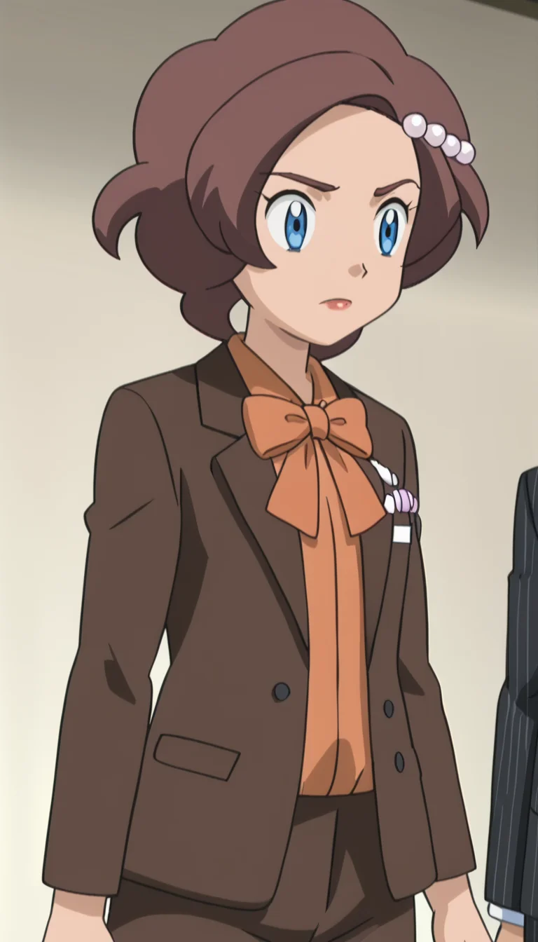 shaqi,1girl,brown hair,short hair,blue eyes,beads hair ornament,bowtie,suit,zhenzhu,<lora:Grace-000010:1>,, anime screencap,score_9,simple background,