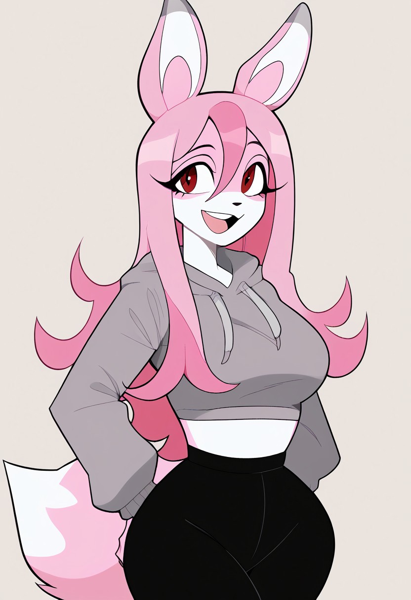 (Score_9_up, score_8, score_7), Expressiveh, c4toony style, uncensored, high quality, 2d, smooth image, (clean image), good anatomy, detailed simple background,  anthro, furry, fox, nazuna, pink and white fur color, two-tone fur, pink hair, long hair, hair between black nose, eyes, red eyes, animal ears, animal tail, fluffy tail, smile, open mouth, gray hoodie, black pants, (large breasts, wide hips, bust)