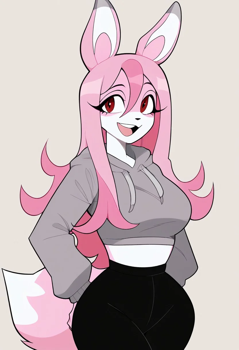 (Score_9_up, score_8, score_7), Expressiveh, c4toony style, uncensored, high quality, 2d, smooth image, (clean image), good anatomy, detailed simple background, anthro, furry, fox, nazuna, pink and white fur color, two-tone fur, pink hair, long hair, hair between black nose, eyes, red eyes, animal ears, animal tail, fluffy tail, smile, open mouth, gray hoodie, black pants, (large breasts, wide hips, bust)