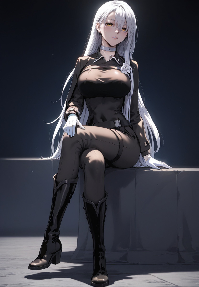 zPDXL3, score_9_up, score_8_up, score_7_up, (Anime_source),Masterpiece,(perfect female body:1.2), small waist, (incredibly detailed:1.4), slim, beautiful fingers, beautiful white skin, Beautiful clear skin, (large breasts:1.4)  looking at viewer, from side, big breasts, ass, perfect ass, <lora:Dakia_Irimel_-_The_Priest_of_Corruption-Kaleid_PONY:0.9> dakiairimel, 1girl, white hair, yellow eyes, long hair, hair between eyes, choker, boots, knee boots, belt, white gloves, black pants, black shirt, sitting, crossed legs,