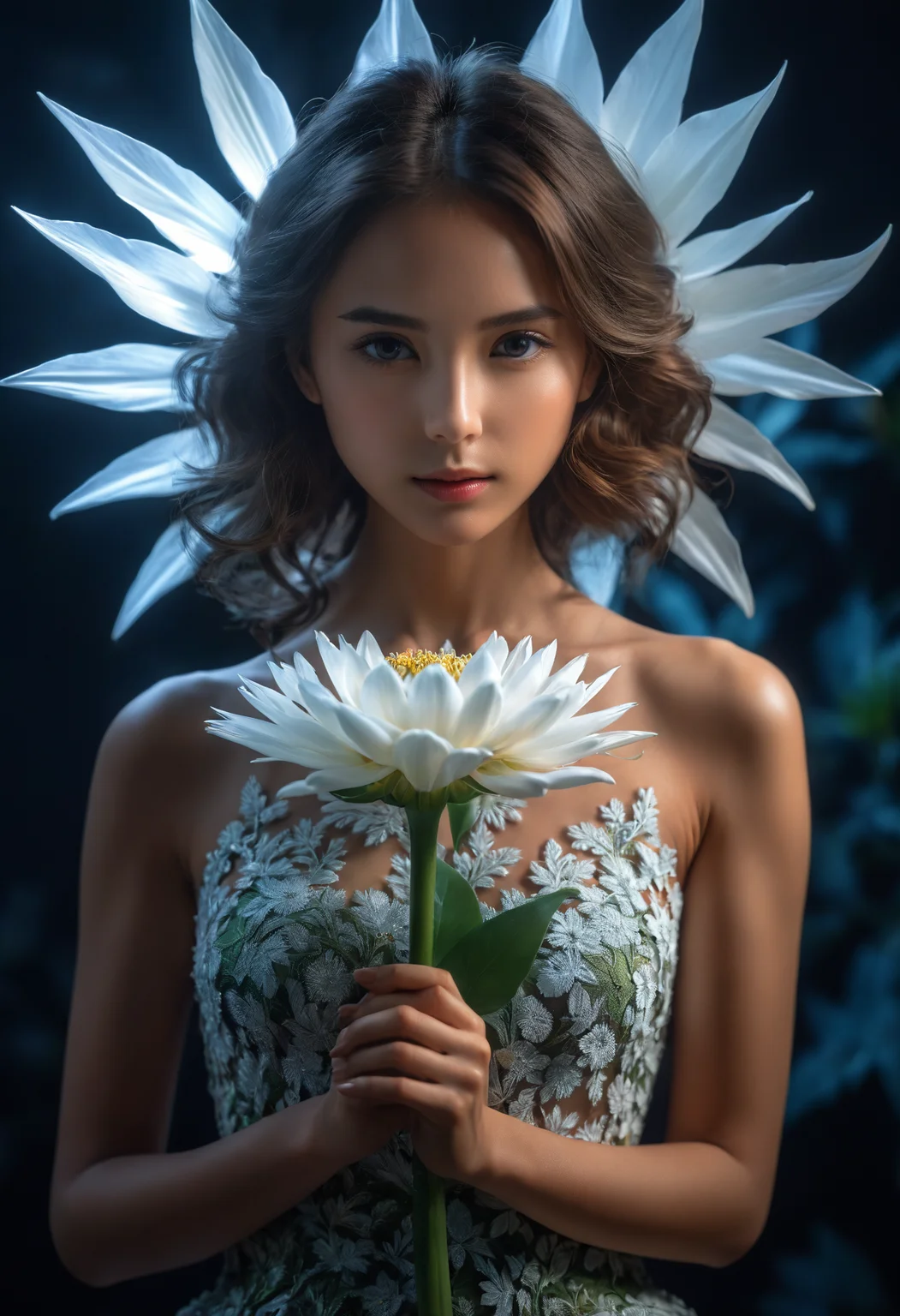 8k analog photo, best studio quality, masterpiece, super realistic, extreme cinematic, full body shot girl with perfect fractal flower in hands, realistic light aberration, ultra hight detailed dress, (extreme realism masterpiece),soft light, aesthetic, hight detailed realistic light and shadows, (hight quality : detailed : hands | face | hair | eyes), perfect skin, perfect hands <lora:sdxl_photorealistic_slider_v1:4>, <lora:Cinematic Hollywood Film:1>