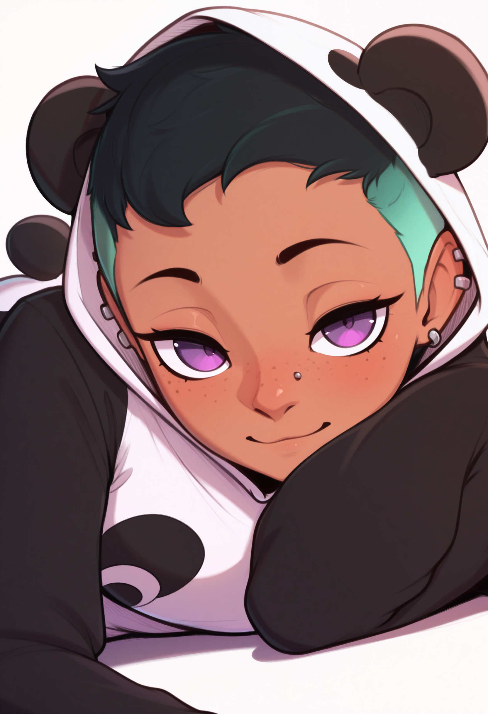 1girl, solo, 
masterpiece, best quality, <lora:rileyfairfeather-guy90-Illust-LoraV101:1>, rehlir, dark-skinned female, black hair, ear piercing, nose piercing, purple eyes, undercut, multicolored hair, two-tone hair, green hair, freckles, 
animal costume, panda costume, looking at viewer, light smile, white background, simple background, on side, arm support, hood