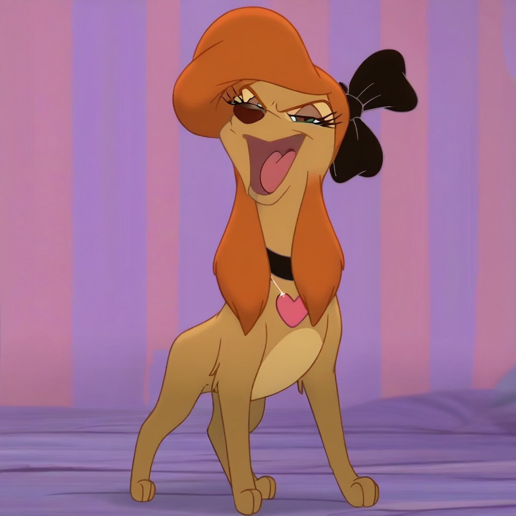 dixiedog, brown fur, black bow, hair bow, brown fur , orange hair , dog, disney, ((((((front view)))))), (((looking at viewer))), (((looking straight ahead))), (smug), (((eyelashes))), (((pink heart necklace))), tough, solo, happy, smiling, flirty, (((feral))), no background, quadruped, (((standing tall))), four paws, ((((((full body view)))))), standing confidently, (((smirk))), sneer, (((half-open eyes))), (((open mouth))), sassy, head held high, (((no collar)))