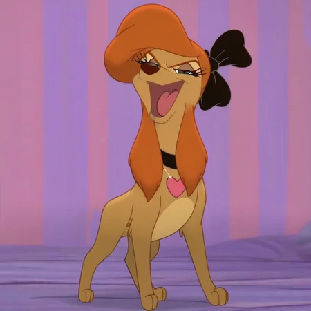 dixiedog, brown fur, black bow, hair bow, brown fur , orange hair , dog, disney, ((((((front view)))))), (((looking at viewer))), (((looking straight ahead))), (smug), (((eyelashes))), (((pink heart necklace))), tough, solo, happy, smiling, flirty, (((feral))), no background, quadruped, (((standing tall))), four paws, ((((((full body view)))))), standing confidently, (((smirk))), sneer, (((half-open eyes))), (((open mouth))), sassy, head held high, (((no collar)))