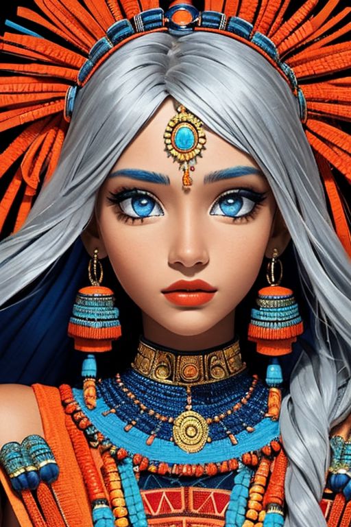 close-up photographic portrait of woman with strikingly vibrant blue-silver eyes. Supe shoulders showing. The face should, intricate, tribal-inspired art, patterns, reminiscent of beadwork and ceremonial embellishments, scheme, rich reds, oranges, blues --ar 2:3