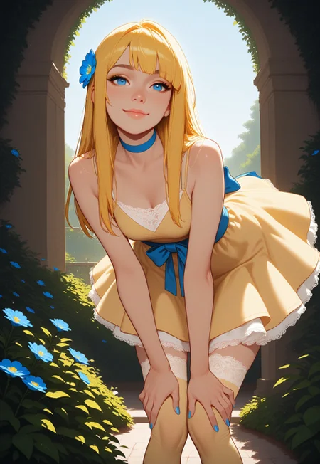 HDR, 8K, masterpiece, best quality, amazing quality, very aesthetic, realistic, newest, volumetric lighting,
(artist:incase:0.5), (artist:tsuaii:0.5), (flat colors:2), haiz_ai, no lineart, no outline,
1girl, 25 years old, perfect face, blue eyes, yellow eyeliner, yellow hair, long hair, straight hair, blue flower, hair flower, blue choker, yellow dress, layered dress, skirt under dress, waist bow, waist ribbon, blue ribbon, blue bow, blue nails, yellow thighhighs, lace-trimmed thighhighs, standing, bent over, hands on their knees, knees together feet apart, smile, cowboy shot, garden, sky, close up portrait